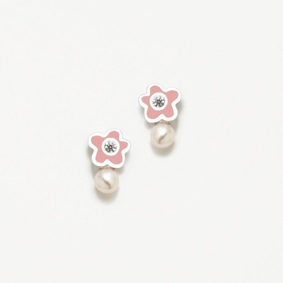 Brincos ARP New Bebe Flor Rosa Pérola-Zircónia 075NBE