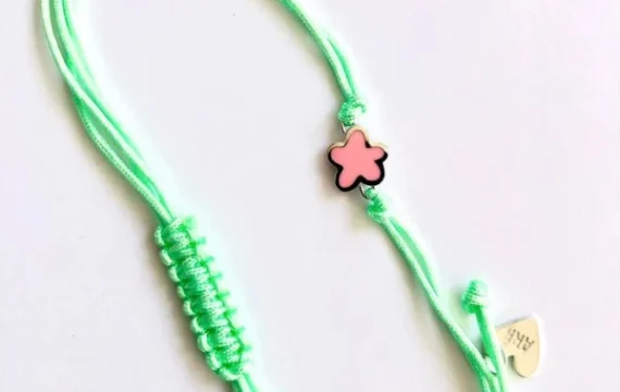 Pulseira ARP Macramé Verde e Flor Rosa 383SUPC
