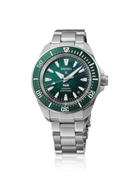 Relógio Seiko Prospex Diver PADI SRPL53K1, uma Edição Especial onde o mostrador com um gradiente em Verde-Esmeralda reflete a luz e a superfície ondulante do mar