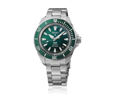 Relógio Seiko Prospex Diver PADI SRPL53K1, uma Edição Especial onde o mostrador com um gradiente em Verde-Esmeralda reflete a luz e a superfície ondulante do mar